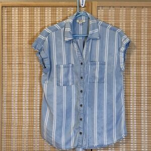 Style & Co Womens S Top Button Up Blue Stripes Cap Sleeve Western Cottagecore